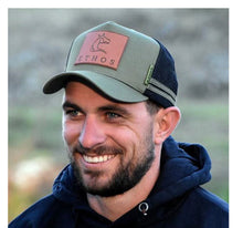 Load image into Gallery viewer, Ethos Badge Trucker Hat in Olive